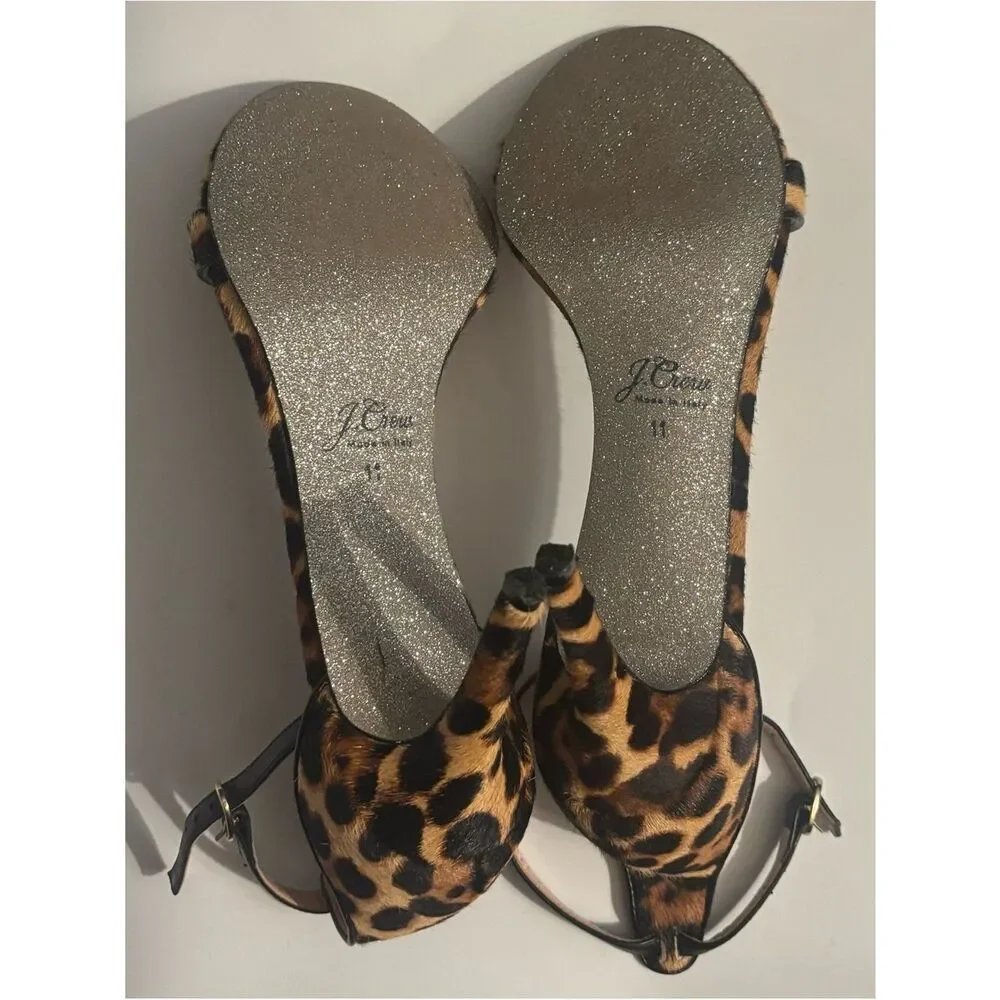 J. Crew Riley Sandals in Leopard Calf Hair With Glitter Sole Size 11 ~ excellent
